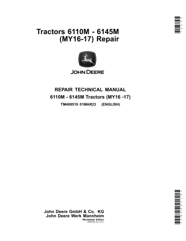 John Deere 6110M, 6120M, 6125M, 6130M, 6135M, 6140M, 6145M Tractors Repair Manual