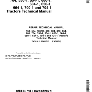 John Deere 550-1, 554-1, 600-1, 604-1, 650-1, 654-1, 700-1, 704-1 Tractors Repair Manual (Asia)