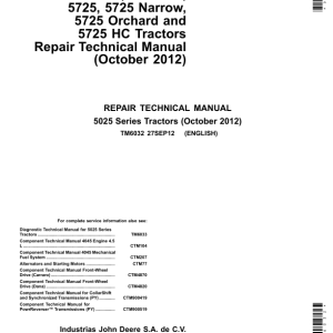 John Deere 5725, 5725 Narrow, 5725 Orchard, 5725 High Crop Tractors Repair Manual