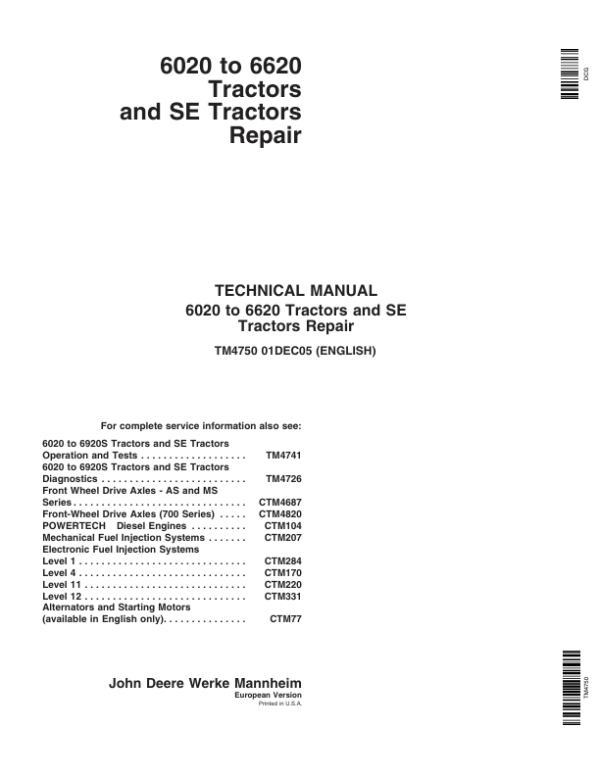 John Deere 6020, 6120, 6220, 6320, 6420, 6420S, 6520, 6620 Tractors Repair Manual