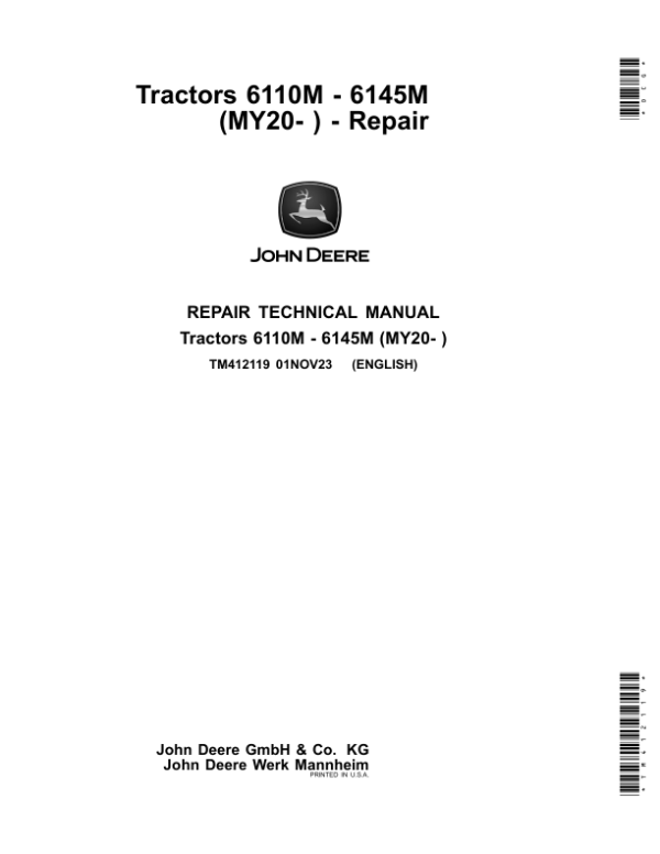 John Deere 6090M, 6100M, 6110M, 6120M, 6125M, 6130M, 6140M, 6145M Tractors Repair Manual (MY20 -)