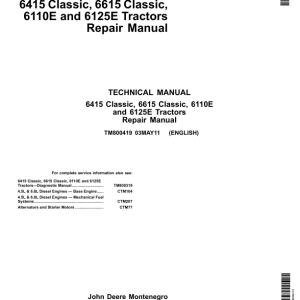 John Deere 6415 Classic, 6615 Classic, 6110E, 6125E Tractors Repair Manual