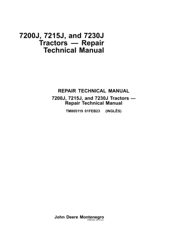 John Deere 7200J, 7215J, 7230J Tractors Service Repair Manual (TM805019 & TM805119)