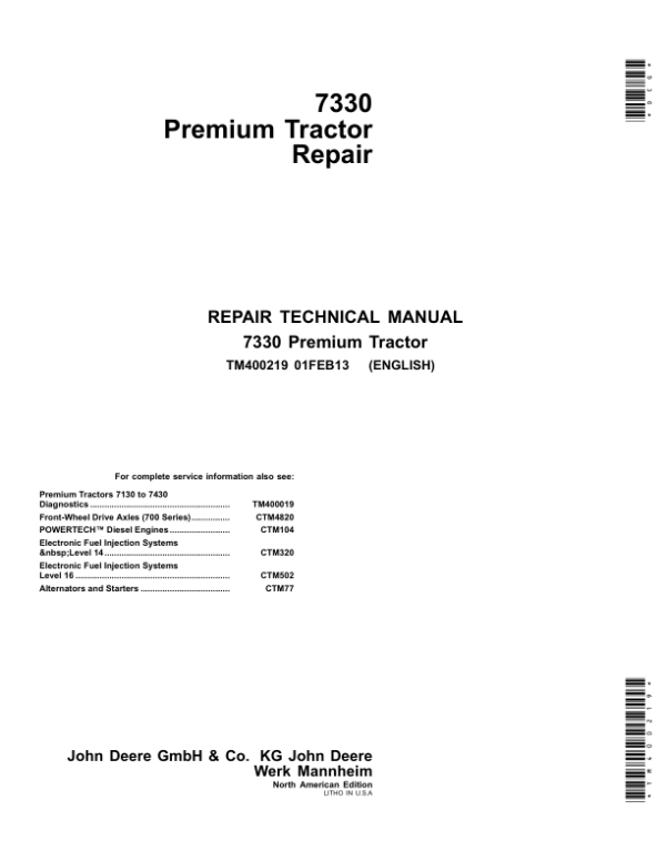 John Deere 7330 Premium Tractor Service Repair Manual (TM400019 & TM400219)