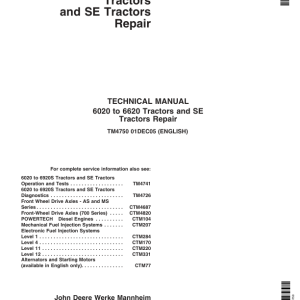 John Deere SE 6020, SE 6120, SE 6220, SE 6320, SE 6420, SE 6520 Tractors Repair Manual