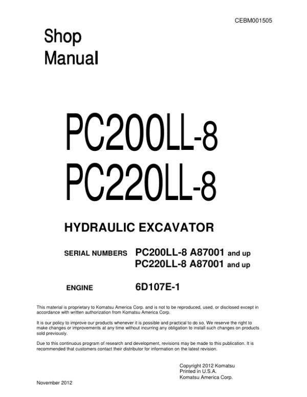 Komatsu PC200LL-8 Excavator Service Repair Manual