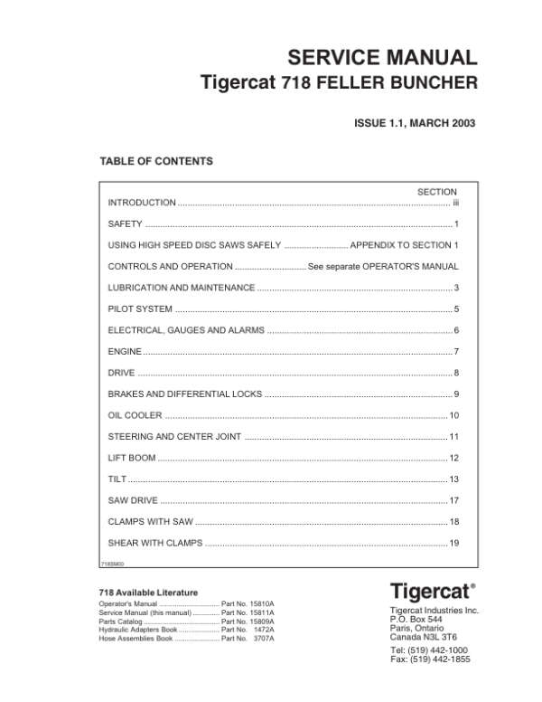 Tigercat 718 Feller Buncher Repair Service Manual (SN 7180101 - 7180900)