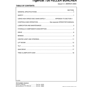 Tigercat 726 Feller Buncher Repair Service Manual (SN 7260101 - 7260999)