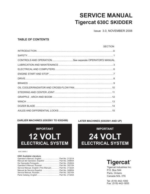 Tigercat 630C Skidder Repair Service Manual (6302001 – 6303000)