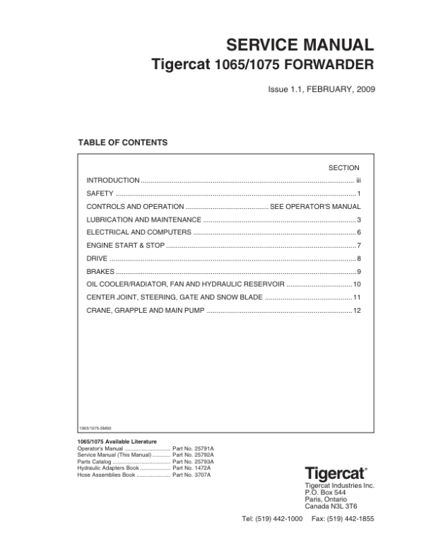 Tigercat 1065, 1075 Forwarder Repair Service Manual