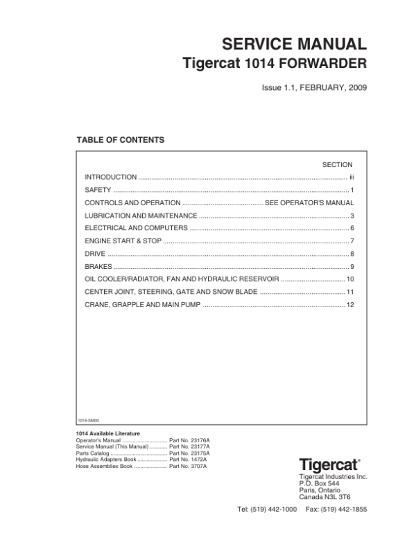 Tigercat 1014 Forwarder Repair Service Manual (10140101 - 10140500)