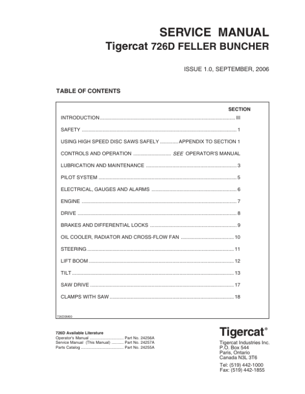 Tigercat 726D Feller Buncher Repair Service Manual (SN 7262001 - 7262499)