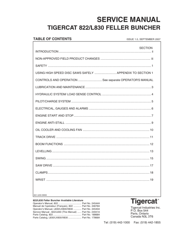 Tigercat 822, L830 Feller Buncher Repair Service Manual