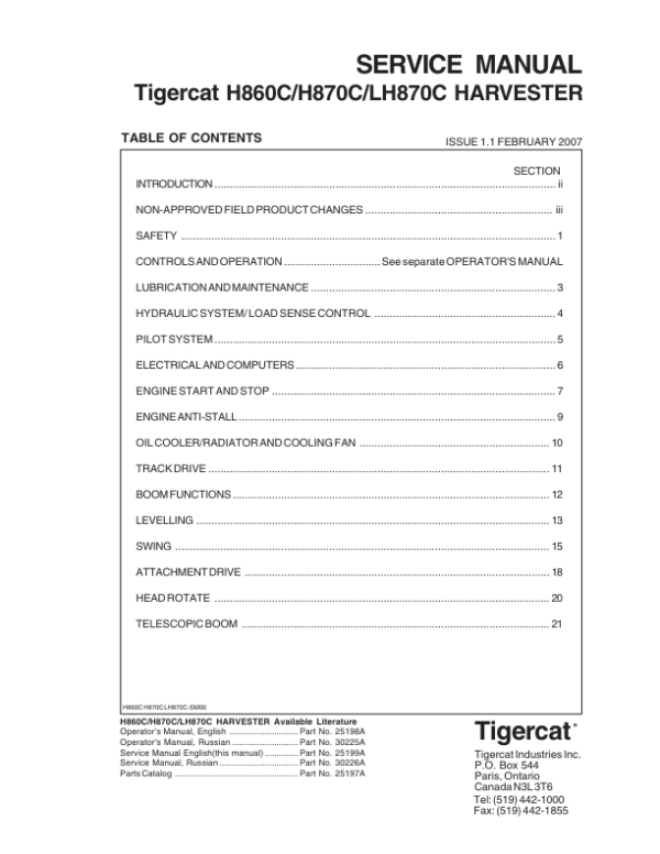 Tigercat H860C, H870C, LH870C Harvester Repair Service Manual