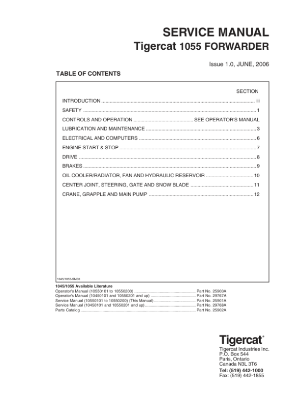 Tigercat 1045, 1055 Forwarder Repair Service Manual