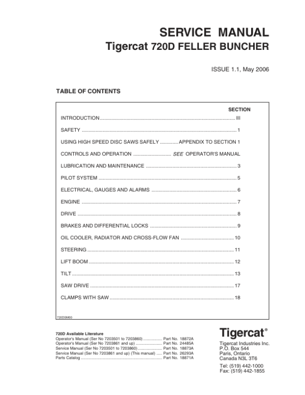 Tigercat 720D Feller Buncher Repair Service Manual (SN 7203501 - 7204400)