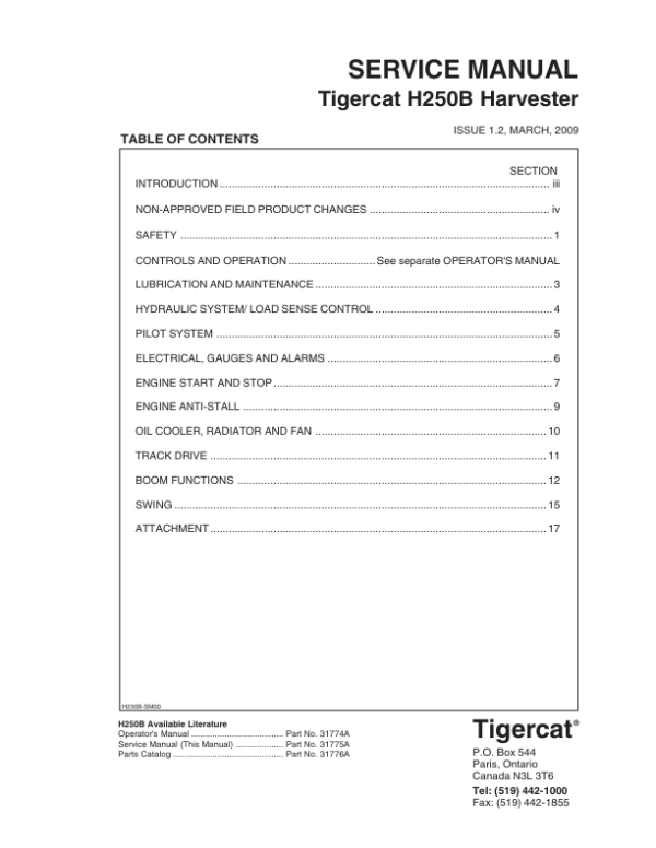 Tigercat H250B Harvester Repair Service Manual (250H0101 - 250H2000)