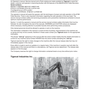 Tigercat 860, 870, L870 Feller Buncher Repair Service Manual