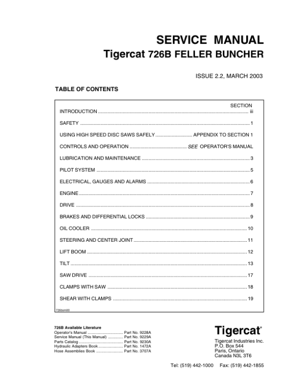 Tigercat 726B Feller Buncher Repair Service Manual (SN 7261001 - 7261999)