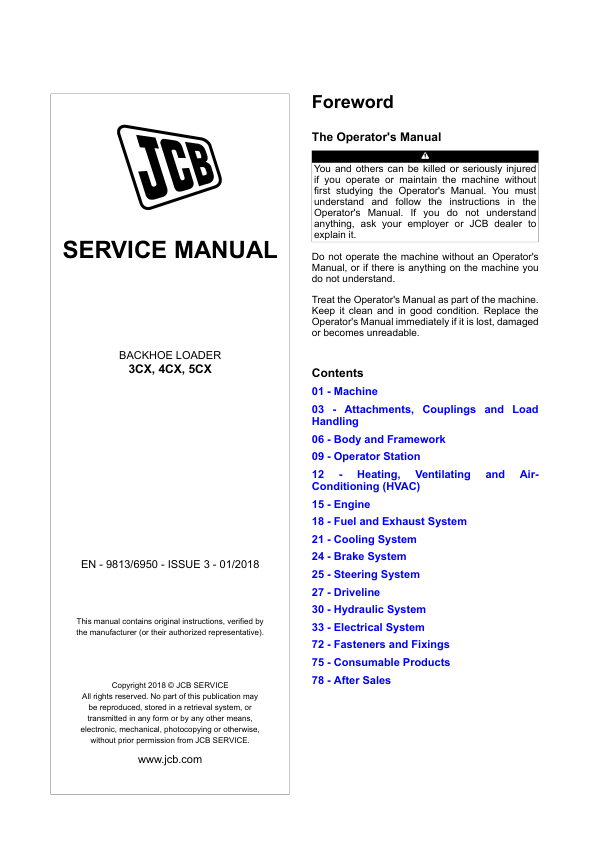 JCB 3CX, 4CX, 5CX Backhoe Loader Service Repair Manual (SN 2254521-2274521)