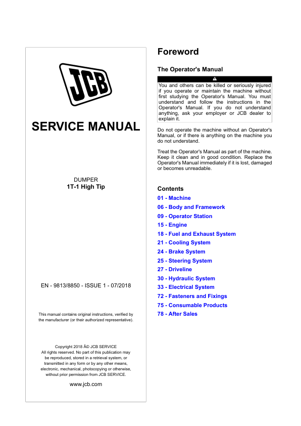 JCB 1T-1 High Tip Dumper Service Repair Manual