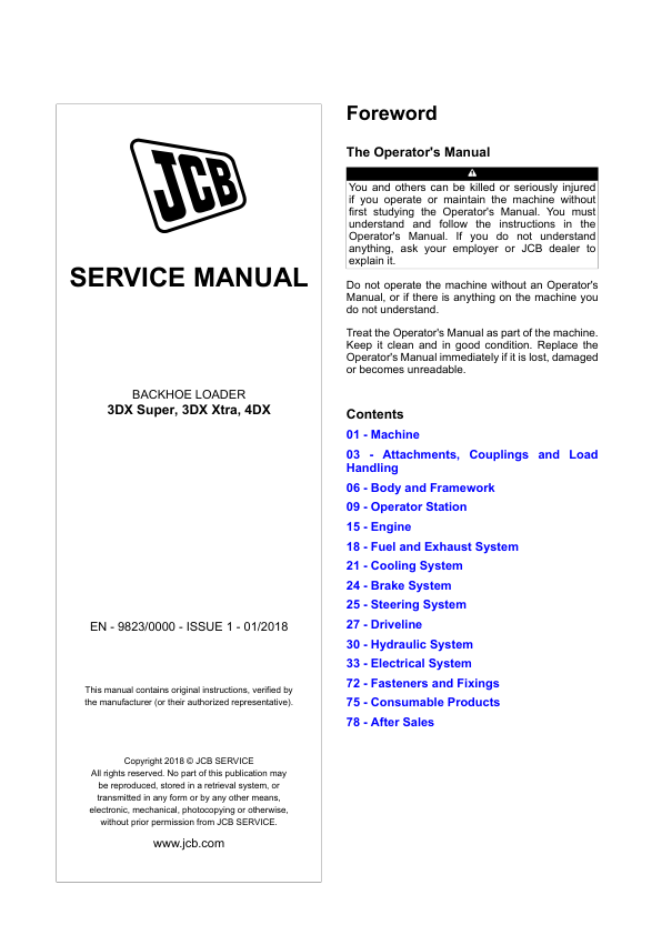 JCB 3DX Super, 3DX Xtra, 4DX Backhoe Loader Service Repair Manual