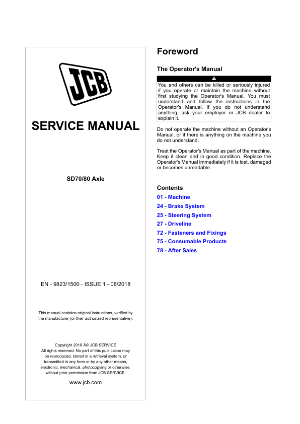 JCB SD70, SD80 Steer Drive Axles Service Repair Manual