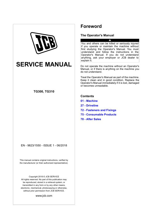 JCB TG300, TG310 Transfer Gearbox Service Repair Manual