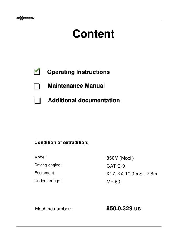 Sennebogen 850.0.329 Operators, Maintenance and Parts Manual