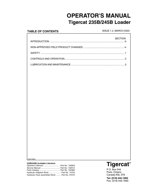 Tigercat 235B, 245B Loader Operators Manual