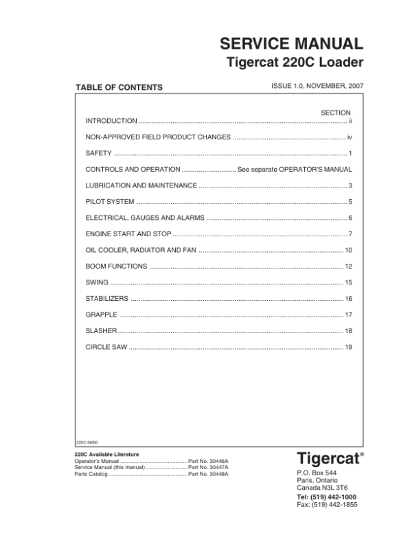 Tigercat 220C Loader Repair Service Manual (2200501 - 2200600)