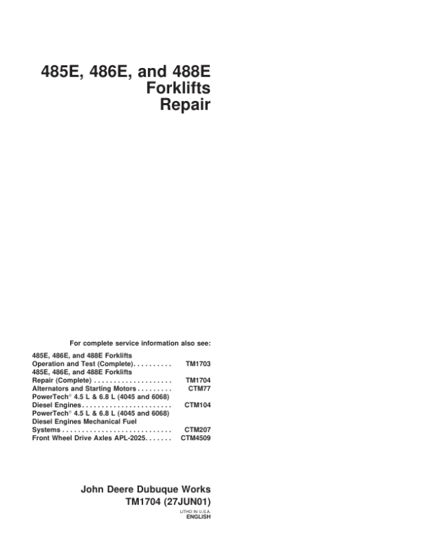 John Deere 485E, 486E, 488E Forklift Repair Technical Manual TM1704