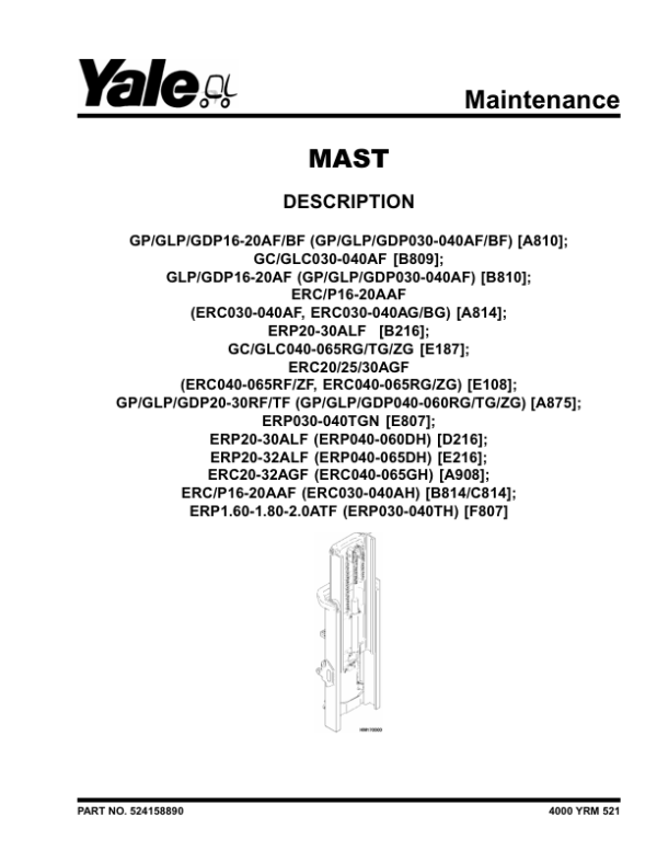 Yale GP2.00RF, GLP2.00RF, GDP2.00RF, GP3.00RF, GLP3.00RF ,GDP3.00RF Forklift A875 Service Repair Manual