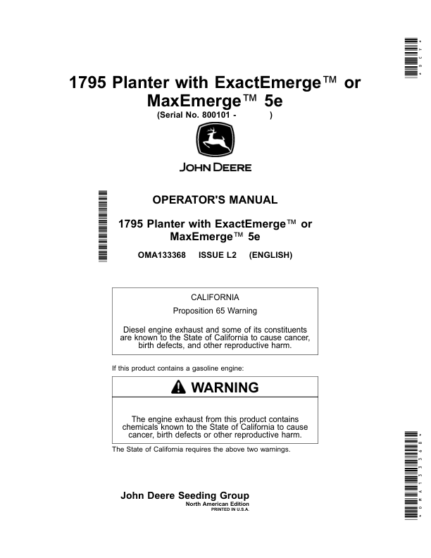 John Deere 1795 Planter with ExactEmerge or MaxEmerge 5e (800101