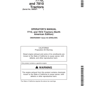 John Deere 7710, 7810 Tractors (090001-) (Includes OM Supplement AR224314) Operator's Manual (OMAR206901) - Image 1