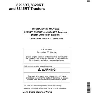 John Deere 8295RT, 8320RT & 8345RT Tractors North American Edtion (000000-912000) Operator's Manual (OMAR276060) - Image 1