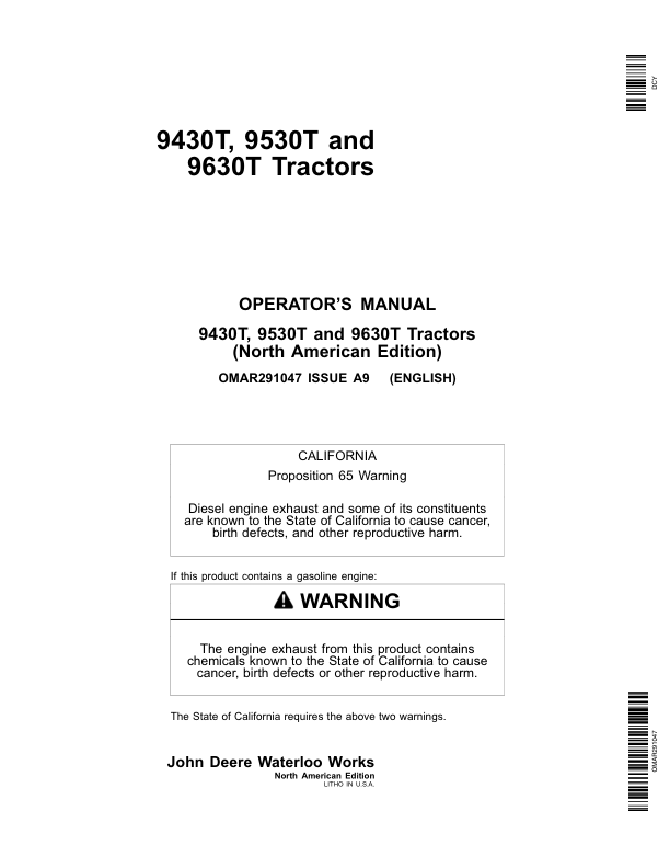 John Deere 9430T, 9530T & 9630T Tractors Operator's Manual (OMAR291047)