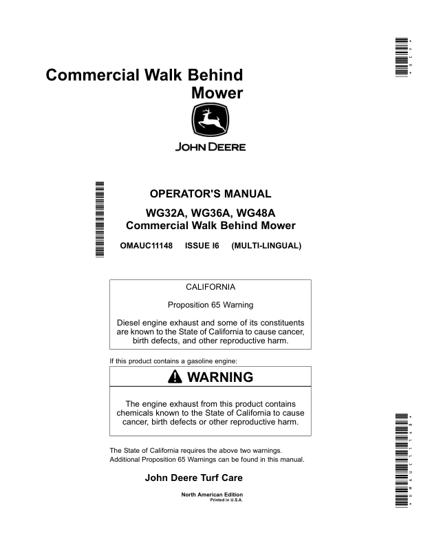 John Deere WG32A, WG36A WG48A Commercial Walk Behind Mowers