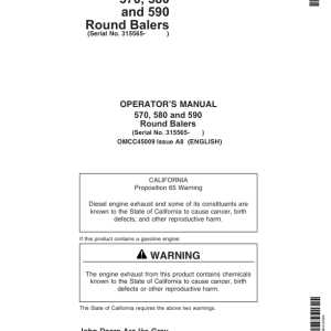 John Deere 570, 580, 590 Round Balers (315565-) Operator's Manual (OMCC45009) - Image 1