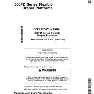 John Deere 600FD Series Flexible Draper Platforms South American Edtion Manufactured in Argentina Operator's Manual (OMCQ100204) - Image 1