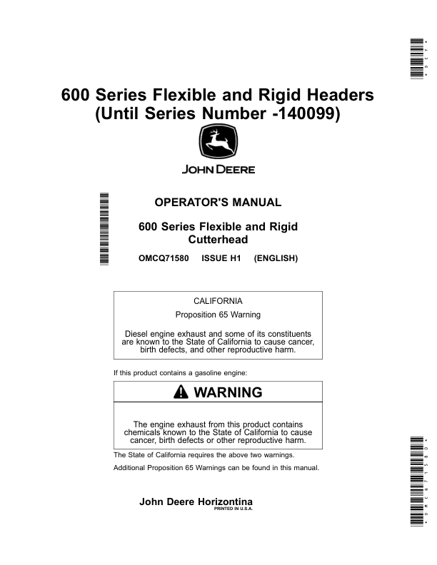 John Deere 600 Series Flexible, Rigid Headers (-140099) Operator's ...