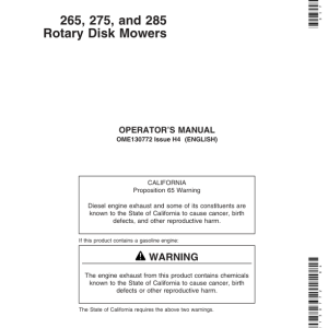 John Deere 265, 275, 285 Rotary Disk Mowers Operator's Manual (OME130772) - Image 1