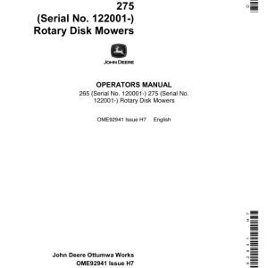 John Deere 265, 275 Rotary Disk Mowers Operator's Manual (OME92941) - Image 1