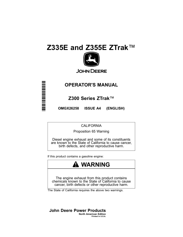 John Deere Z335E, Z355E ZTrak Zero-Turn Mowers North America