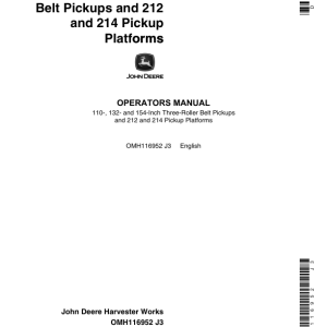 John Deere 3-Roller Belt Pickups (110, 132, 154 In.), 212/214 Platform Operator's Manual (OMH116952) - Image 1