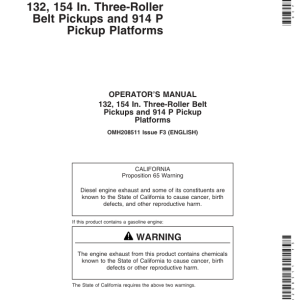 John Deere 3-Roller Belt Pickup (132, 154 In.), 914P Platform Operator's Manual (OMH208511) - Image 1