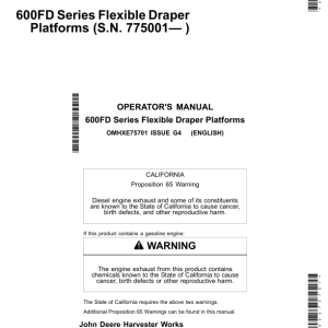 John Deere 600FD Series Flexible Draper Platforms North America (775001-785000) Operator's Manual (OMHXE75701) - Image 1
