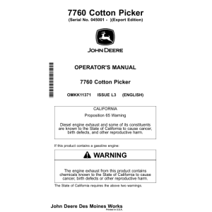 John Deere 7760 Cotton Picker (450001-) Operator's Manual (OMKK11371) - Image 1