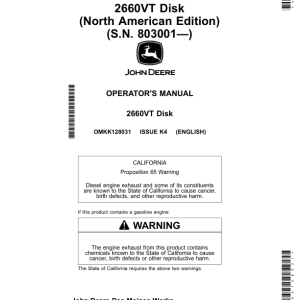 John Deere 2660VT Disk (North American) (S.N. 803001—) Operator's Manual (OMKK128031) - Image 1