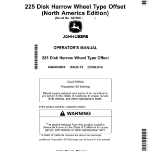 John Deere 225 Disk Harrow Wheel Type Offset Operator's Manual (OMKK54056) - Image 1